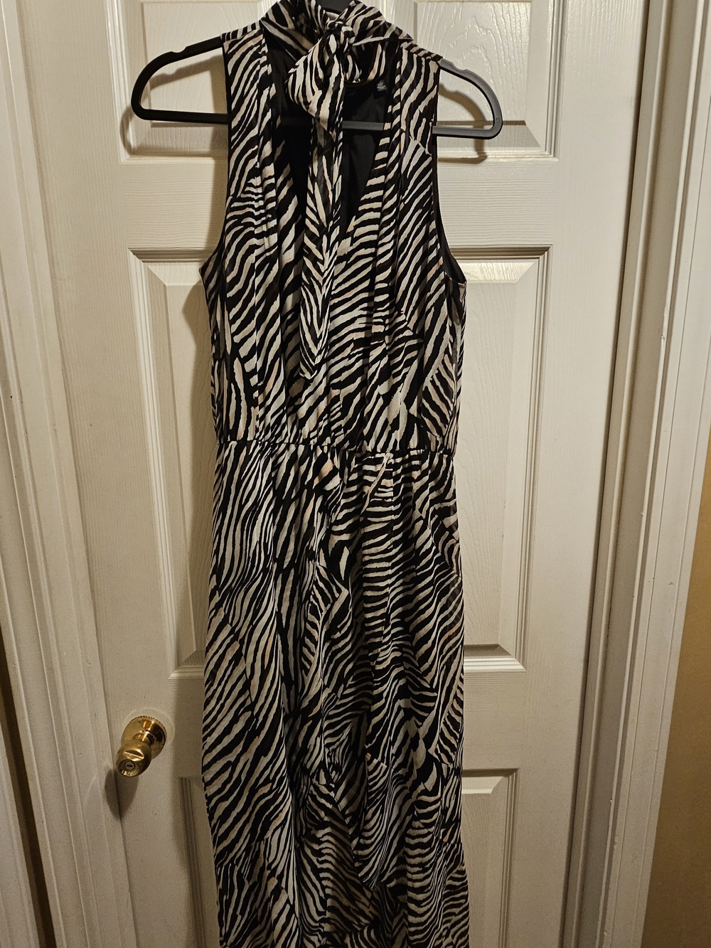 White House Black Market Black and White Zebra-Print Maxi Dress with Neck Tie